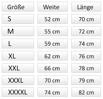 Tabelle T-Shirt Weiten und Längen